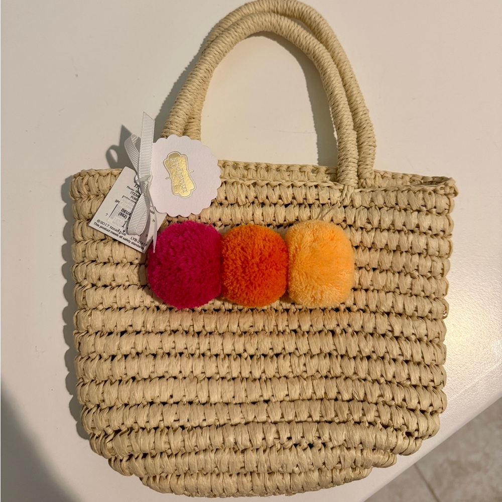 Mud Pie Straw Tote with Pink, Orange and Yellow Pom Poms